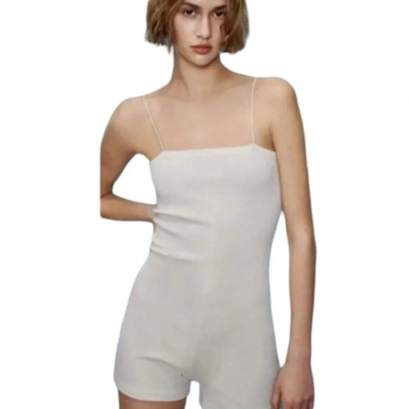Zara Pants - Zara NWT Cream Ribbed  Romper Unitard Straight Neckline Spaghetti Straps Medium